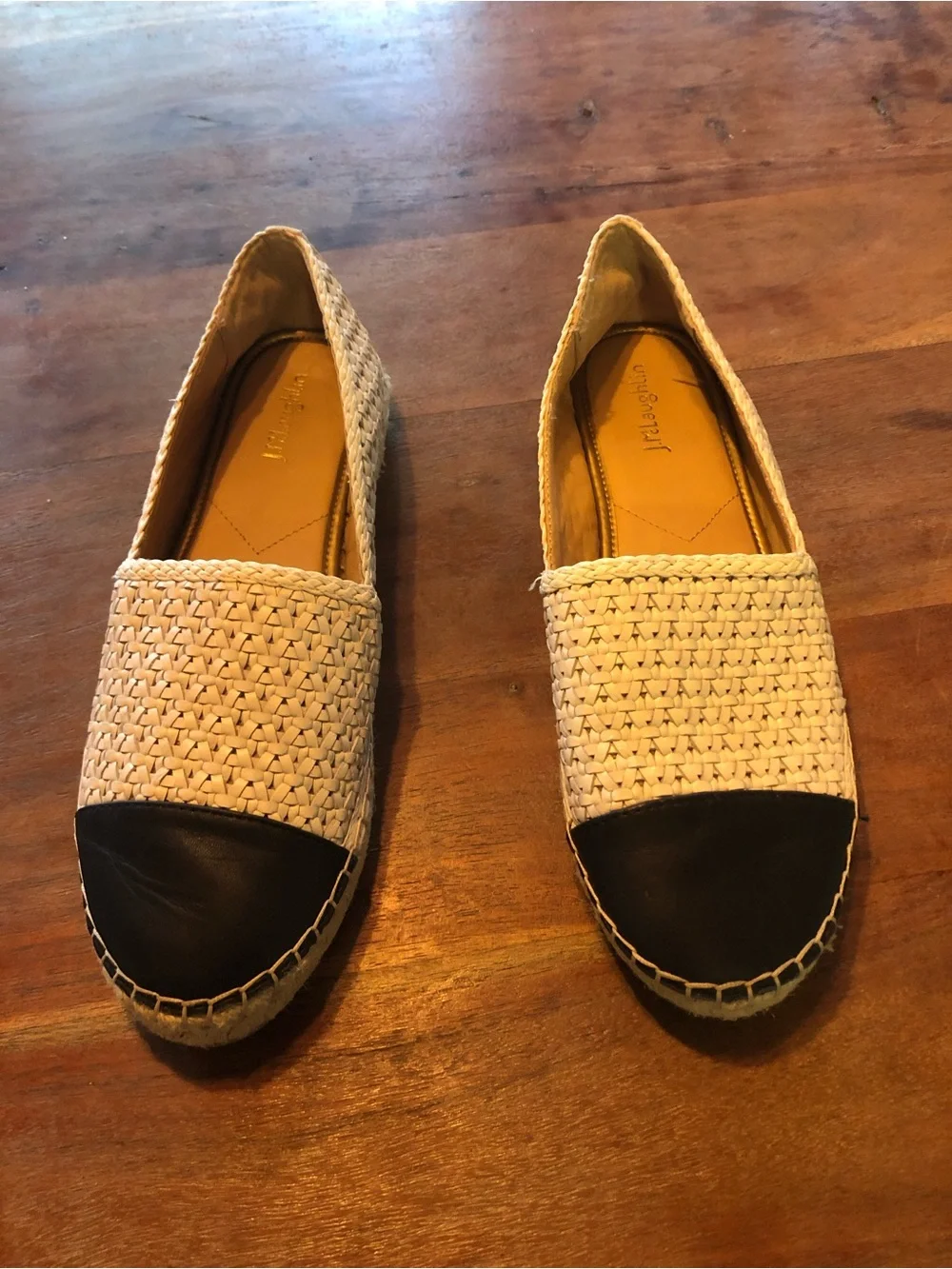 J. McLaughlin Shoes Redding 2 Beige Woven Espadrille Flats with Black Cap Toe